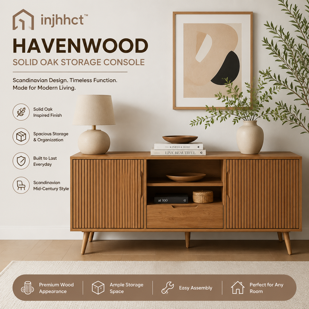 injhhct™ Havenwood Solid Oak Storage Console – Scandinavian Mid-Century Modern Entryway Cabinet