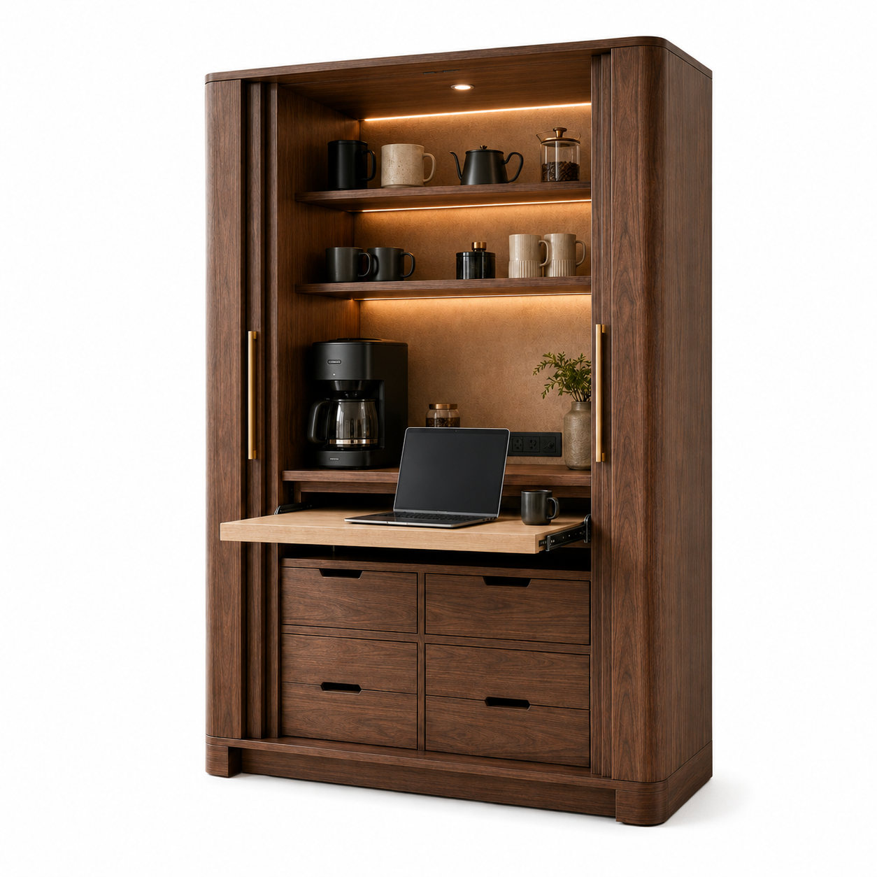 injhhct™ Havenfold Convertible Cabinet – Hidden Coffee Bar & Workstation with Pocket Doors